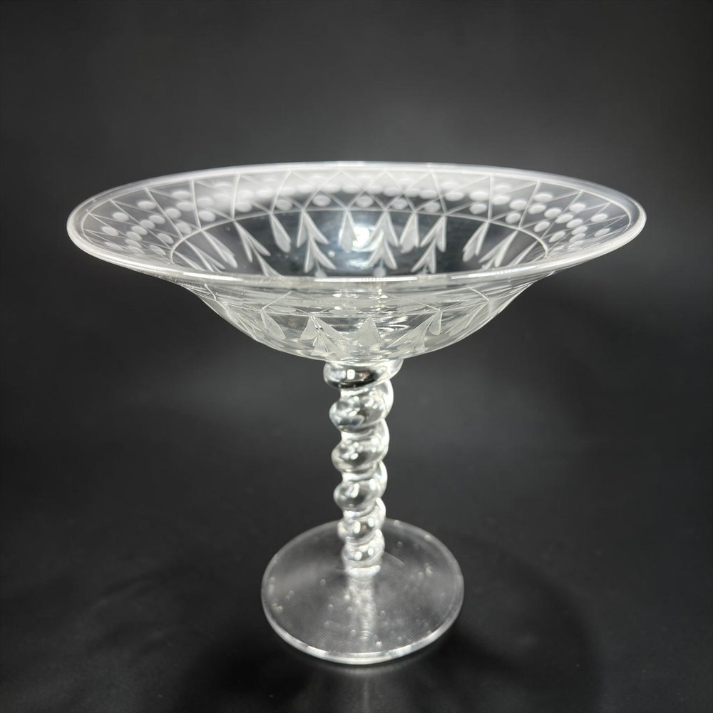 Vintage Etched Crystal Compote Dish Flared Pedestal Bowl with Air Twist Stem VTG
